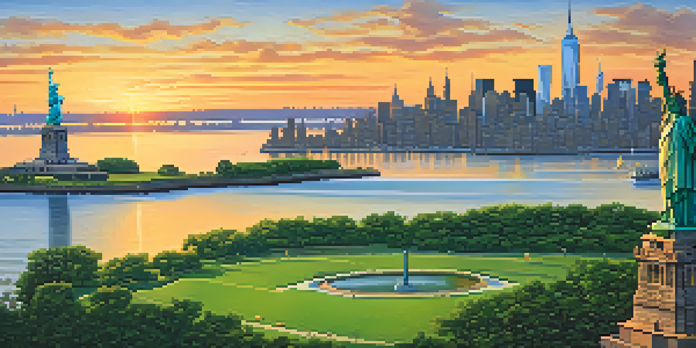 A scenic view of the Statue of Liberty with the Manhattan skyline at sunset, featuring warm golden light and a ferry approaching the island.