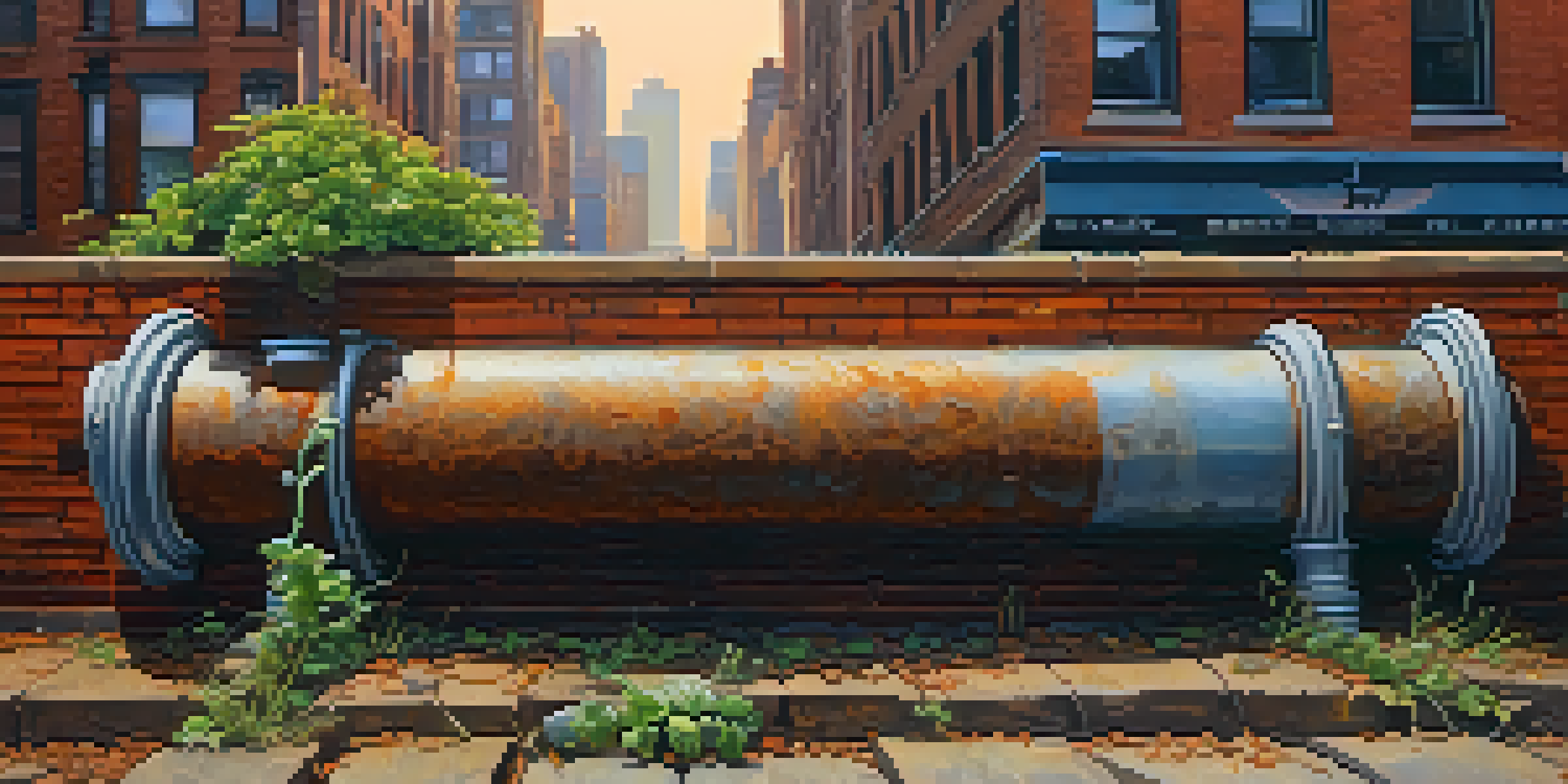 A close-up of a rusty water pipe in New York City, with the skyline in the background and small plants growing nearby.