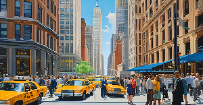 A vibrant street scene in New York City's financial district with skyscrapers, pedestrians, and taxis under a sunny sky.