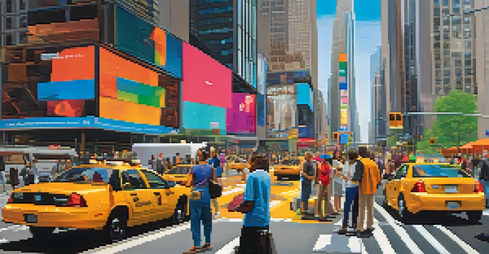 A lively street in New York City filled with diverse professionals working with technology, featuring skyscrapers and colorful digital screens.