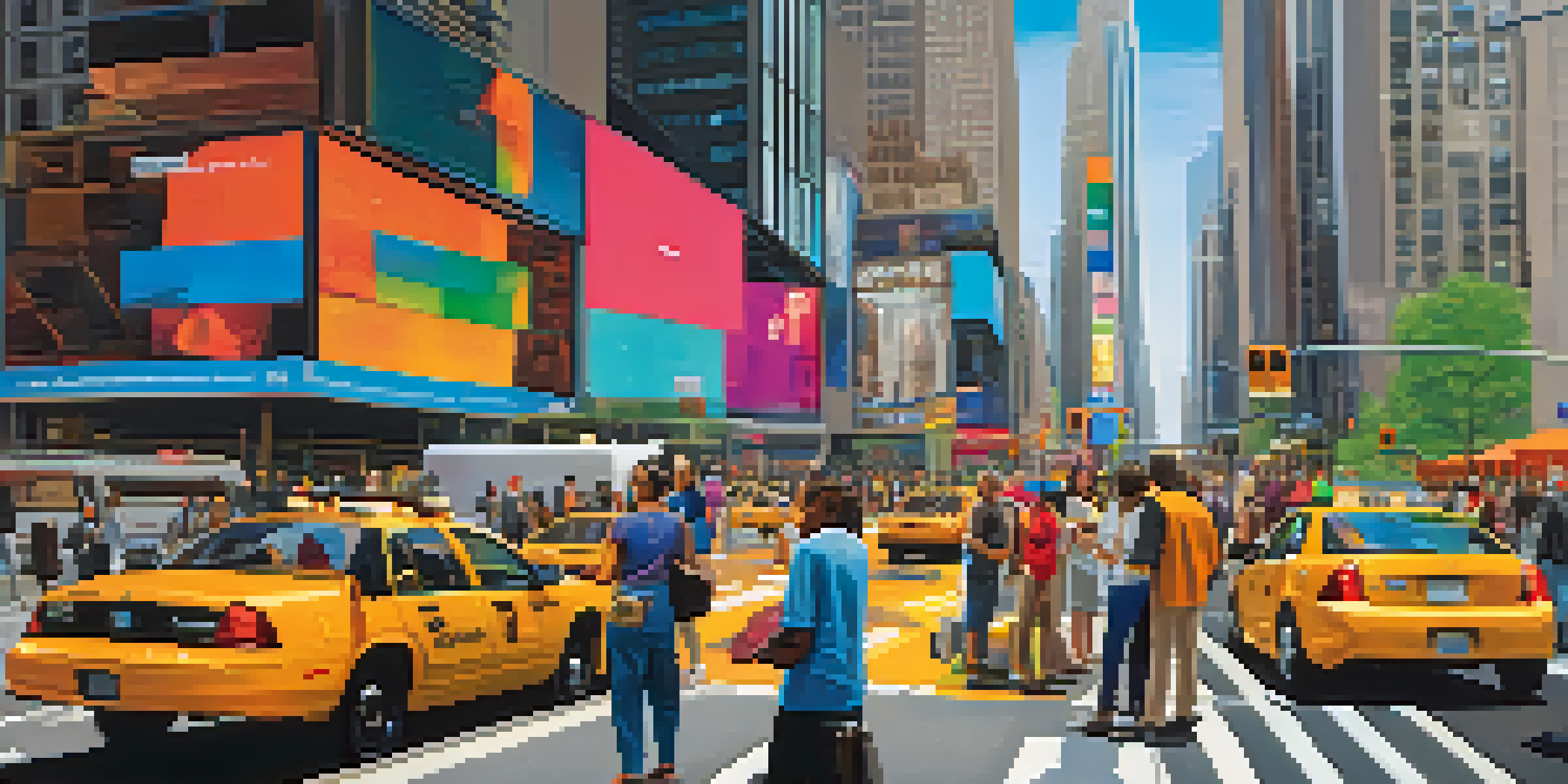 A lively street in New York City filled with diverse professionals working with technology, featuring skyscrapers and colorful digital screens.