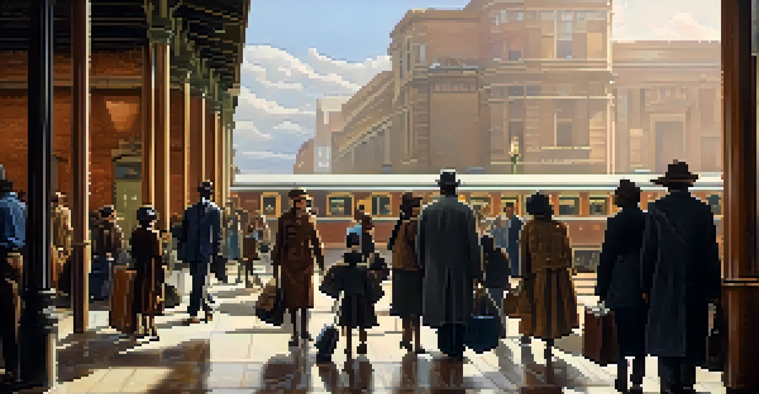A family arriving at a train station during the Great Migration, surrounded by a busy crowd, with sunlight streaming through the windows, reflecting hope and apprehension.