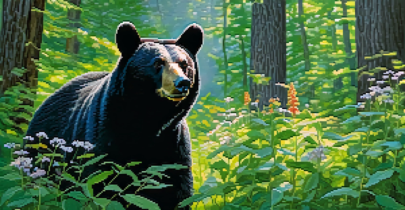 A black bear in a forest setting, surrounded by flowers and trees in the Catskill Mountains.