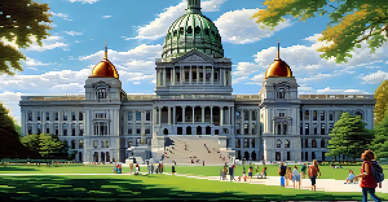 A picturesque view of the New York State Capitol building with its dome under a blue sky, surrounded by greenery and people enjoying the outdoors.