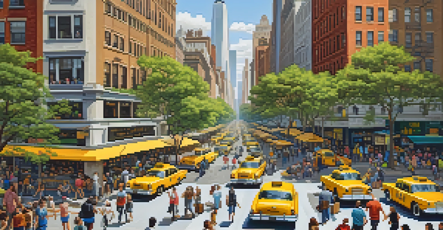 A busy street in New York City filled with people, taxis, and street vendors, showcasing a blend of historic and modern buildings.