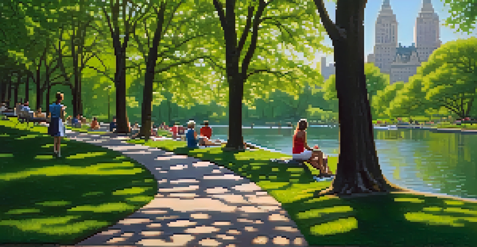A serene scene in Central Park with a tranquil lake, blooming flowers, and people enjoying picnics and jogging.