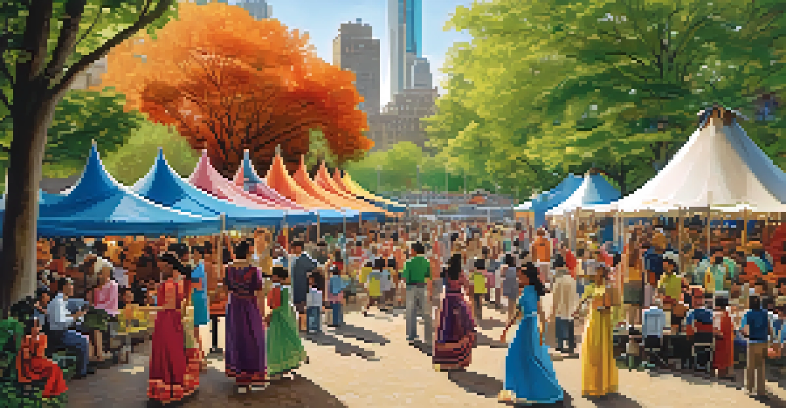 A lively cultural festival in a park with families enjoying food, dance, and traditional clothing from various cultures, set against a city backdrop.