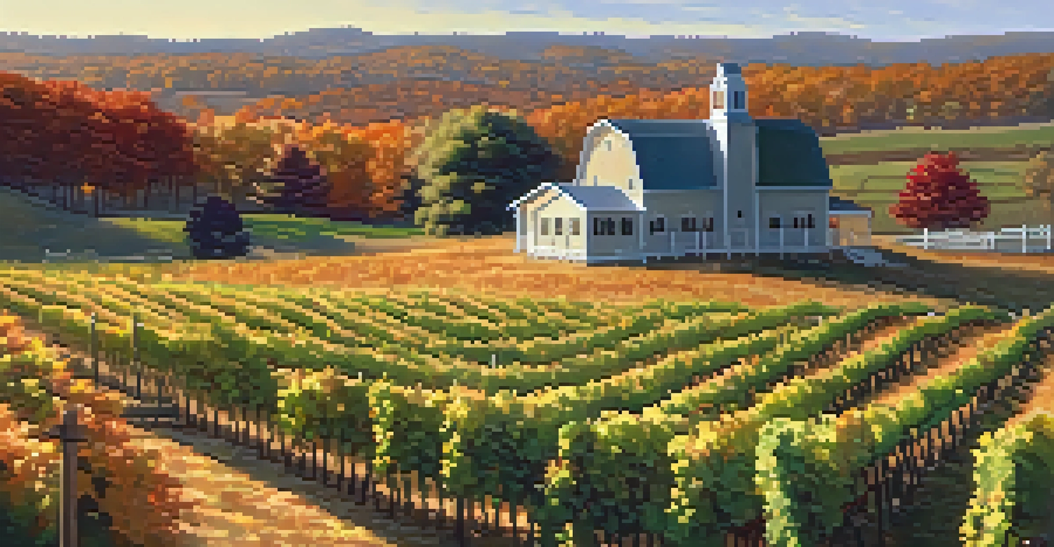 A scenic vineyard in autumn with rows of grapevines and a rustic winery building in the background under a warm sun.