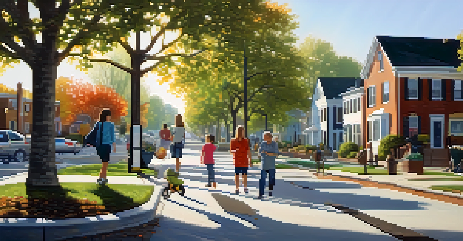 A peaceful urban neighborhood with speed bumps, wide sidewalks, and trees, showcasing families and children enjoying the area.