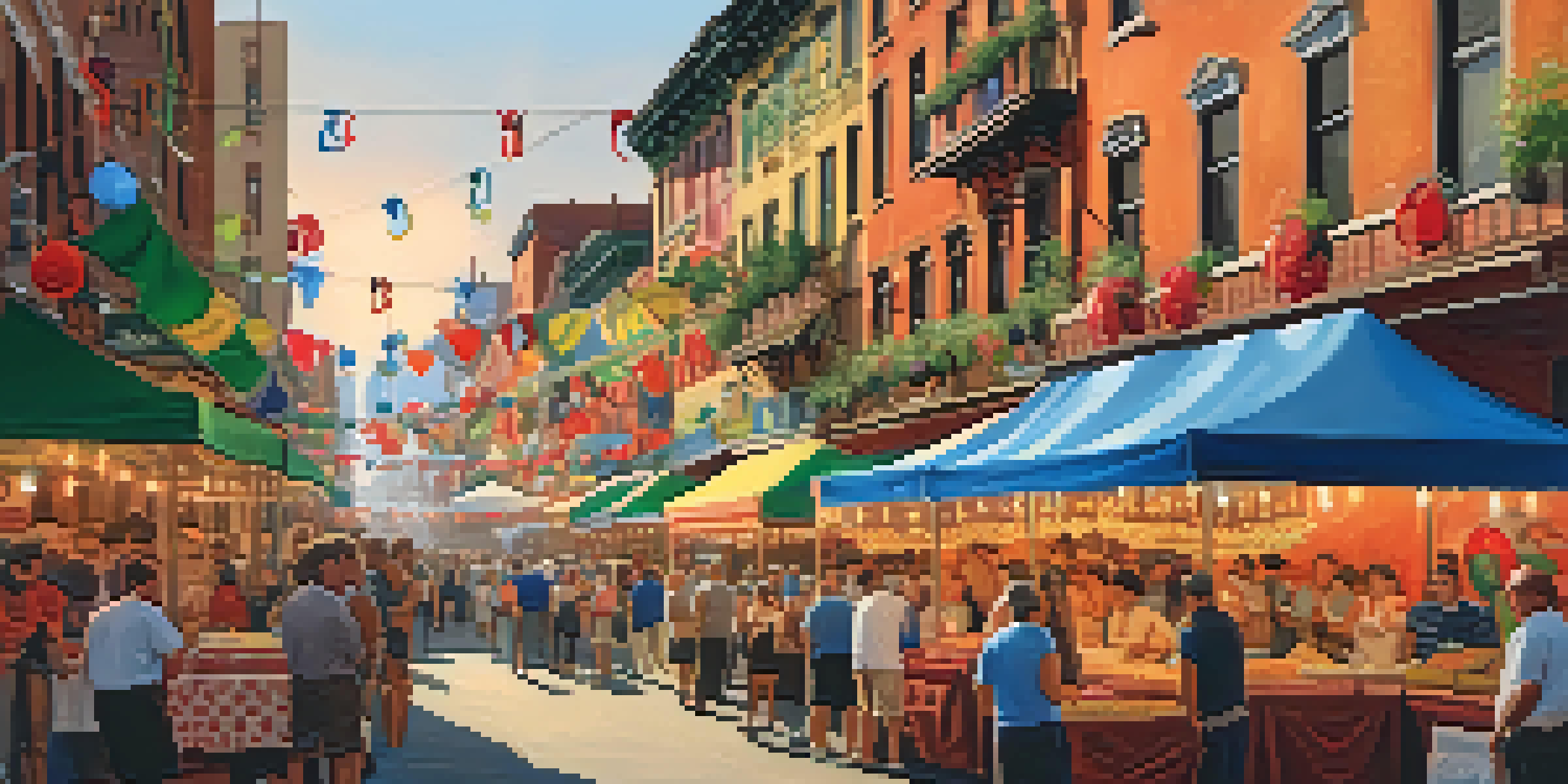 A lively street festival in Little Italy with colorful decorations and food vendors, depicting the joy and diversity of the San Gennaro Feast.
