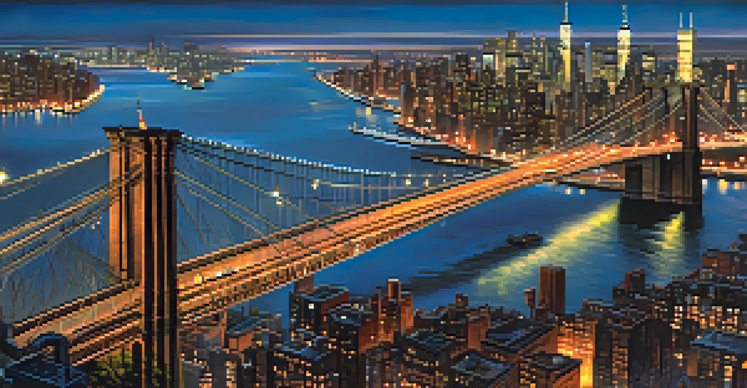 A stunning aerial view of the Brooklyn Bridge at dusk, highlighting its towers and the city lights of Manhattan in the background.
