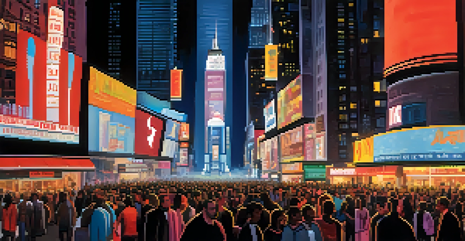 A bustling night scene in Times Square, New York City, filled with bright lights and a diverse crowd.