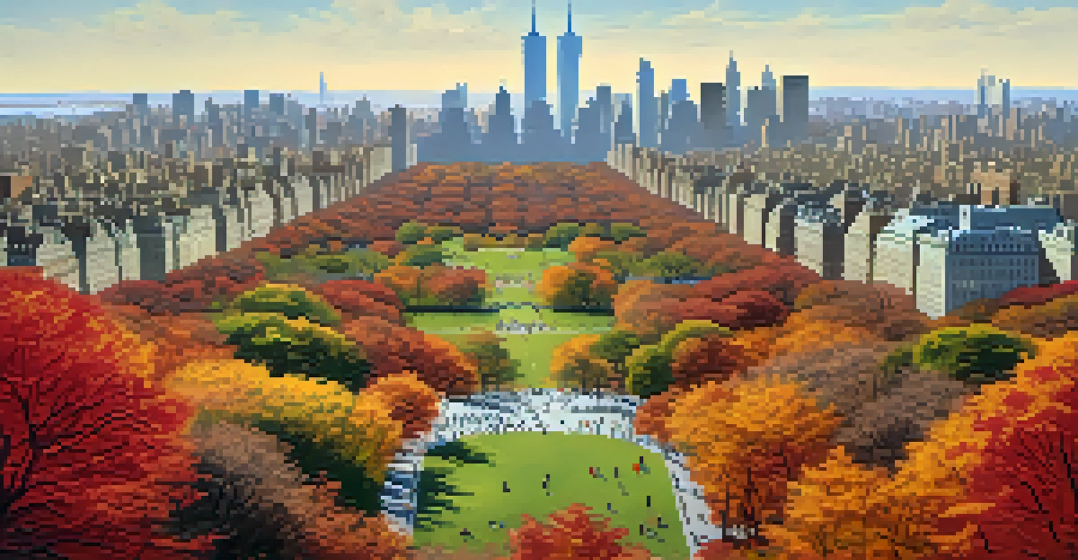 An aerial view of Central Park in autumn, featuring colorful trees and people enjoying the park against the Manhattan skyline.