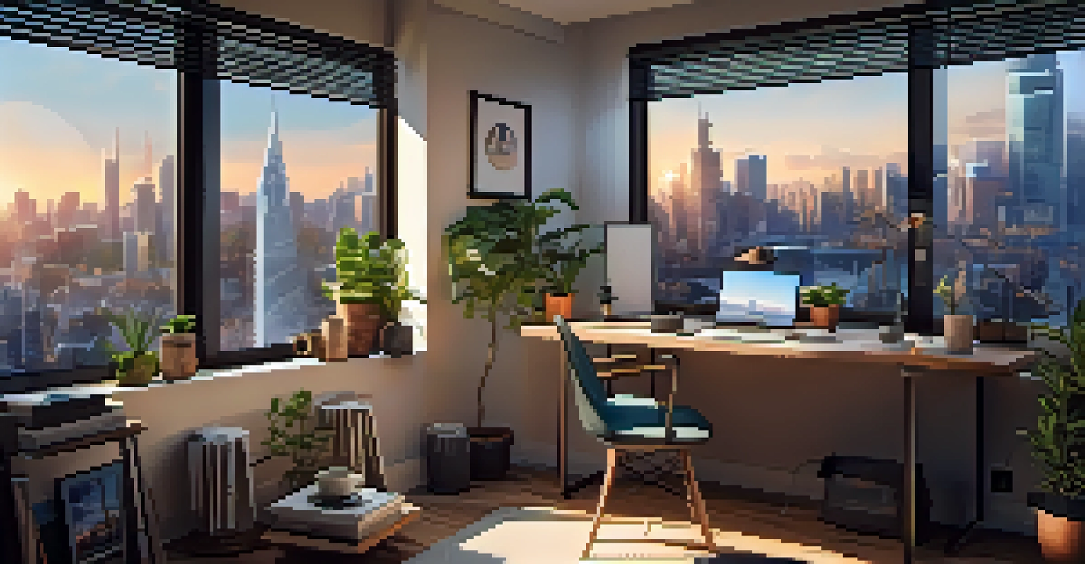 A cozy home office setup for remote work, with a laptop, coffee, plants, and a view of a city skyline through the window.