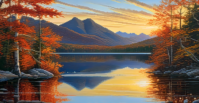 A scenic view of the Adirondack Mountains in autumn, featuring colorful fall foliage and a tranquil lake under a sunset.