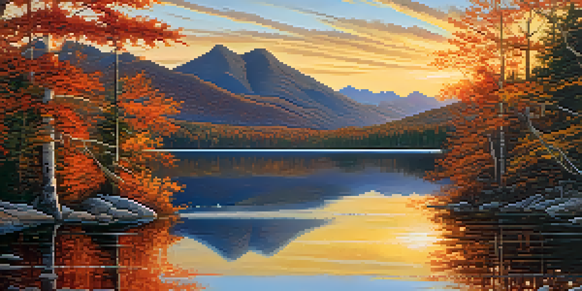 A scenic view of the Adirondack Mountains in autumn, featuring colorful fall foliage and a tranquil lake under a sunset.