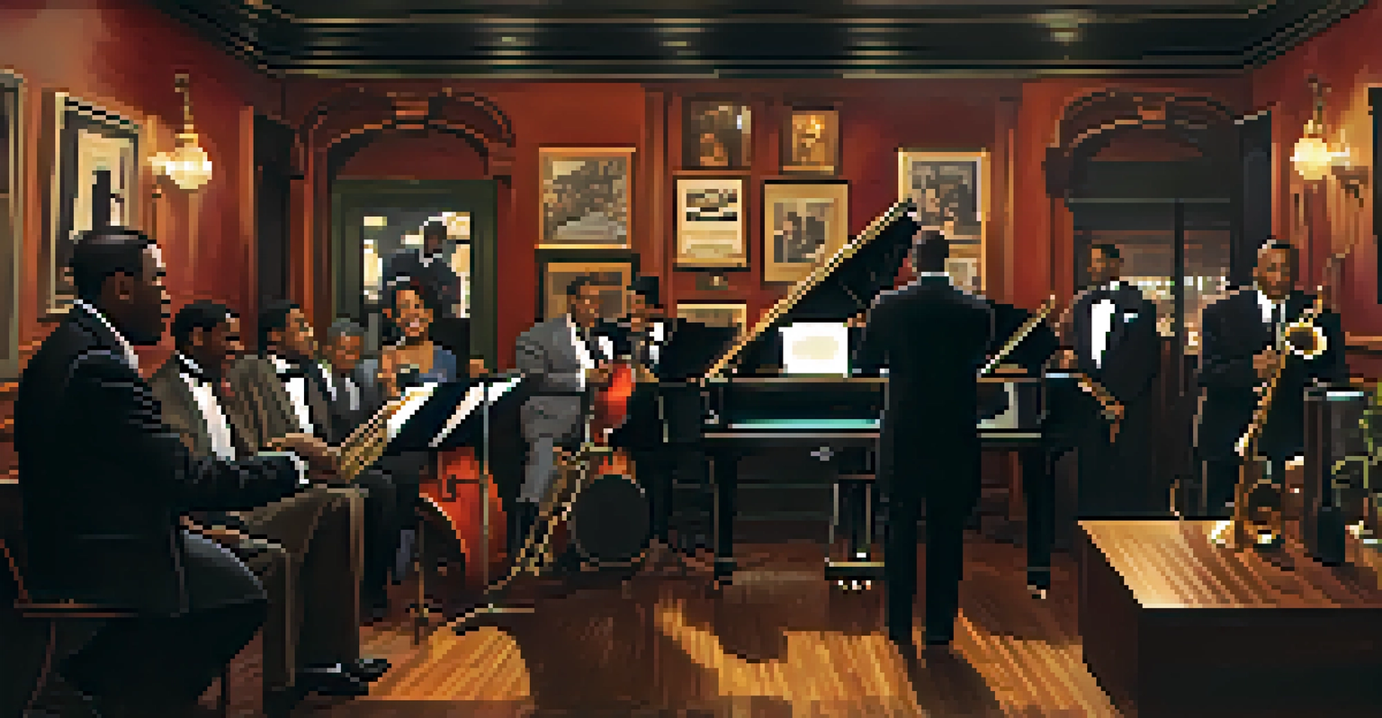 A jazz band performing in a cozy Harlem club, with musicians playing instruments and historical photographs on the walls, creating an intimate atmosphere.