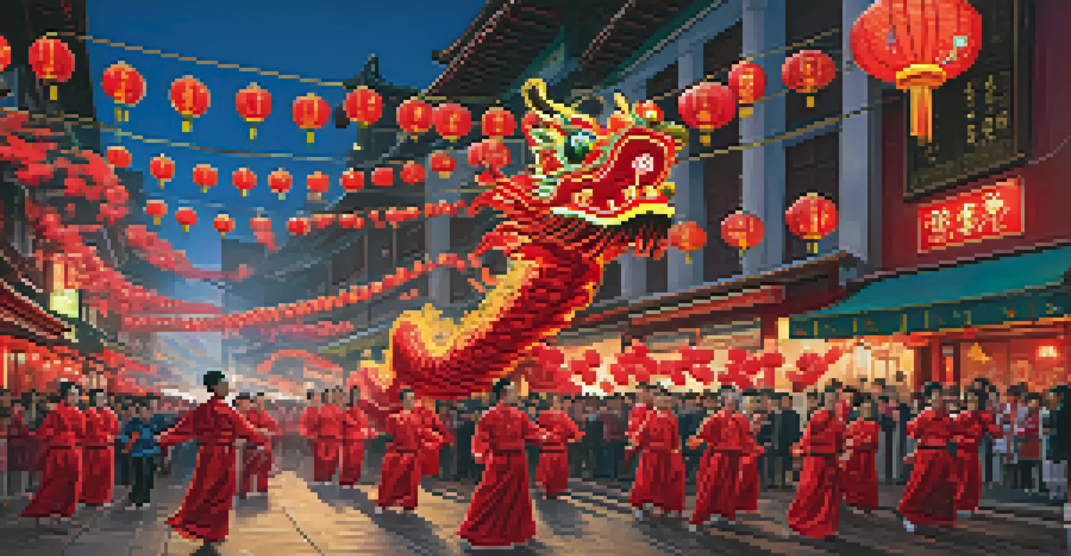 A colorful dragon dance during Lunar New Year celebrations in Chinatown, showcasing performers in traditional attire surrounded by festive decorations and fireworks.