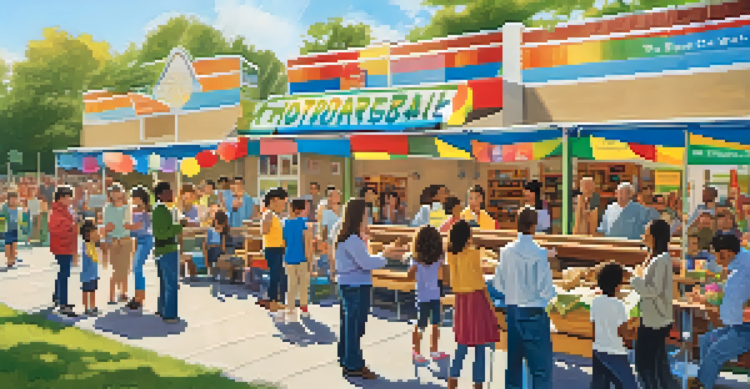 A lively outdoor community event at a school with parents and children interacting.