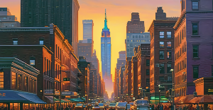 A colorful sunset over New York City, featuring the Empire State Building and Brooklyn Bridge, with diverse people on the streets.