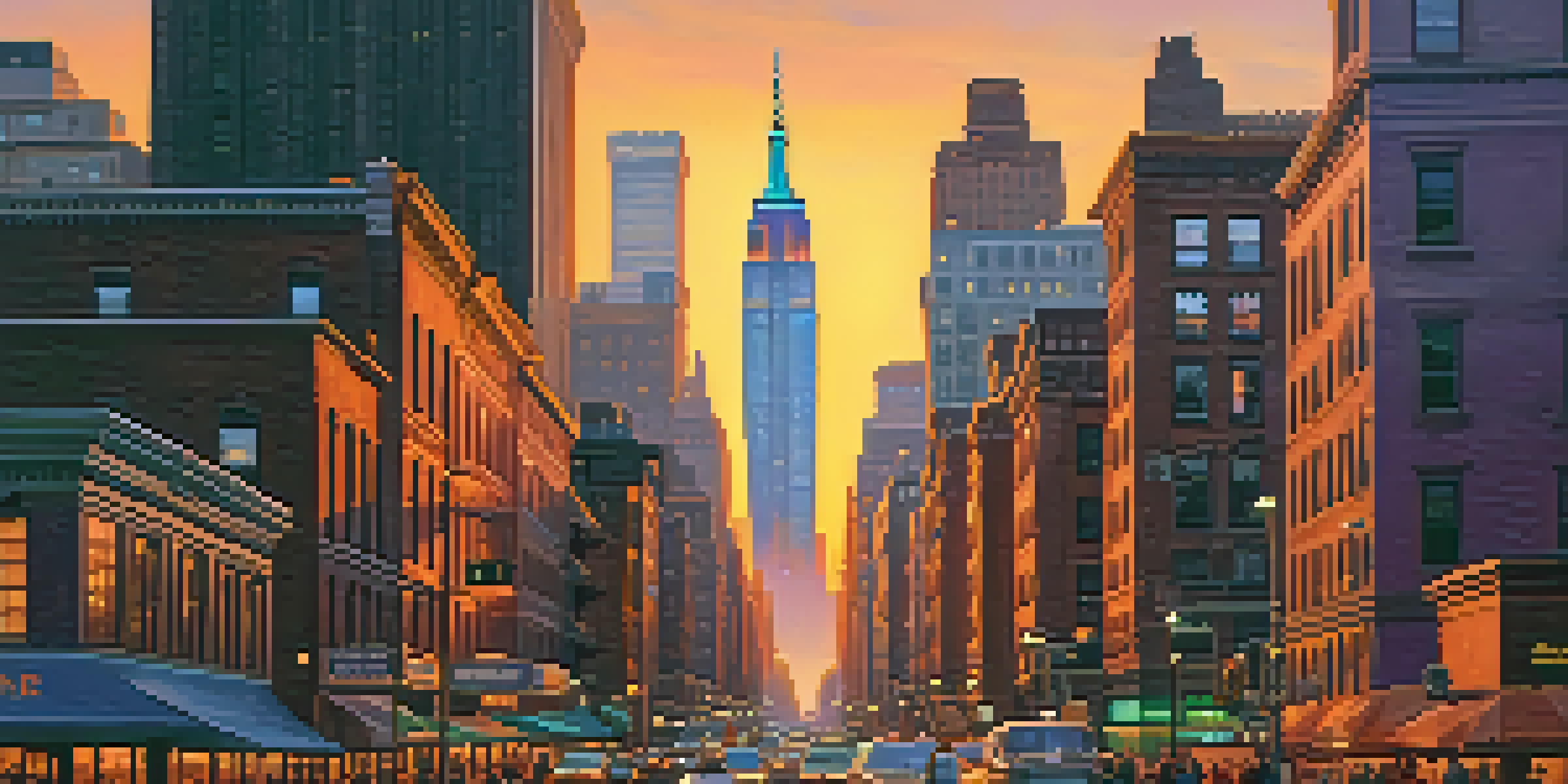 A colorful sunset over New York City, featuring the Empire State Building and Brooklyn Bridge, with diverse people on the streets.