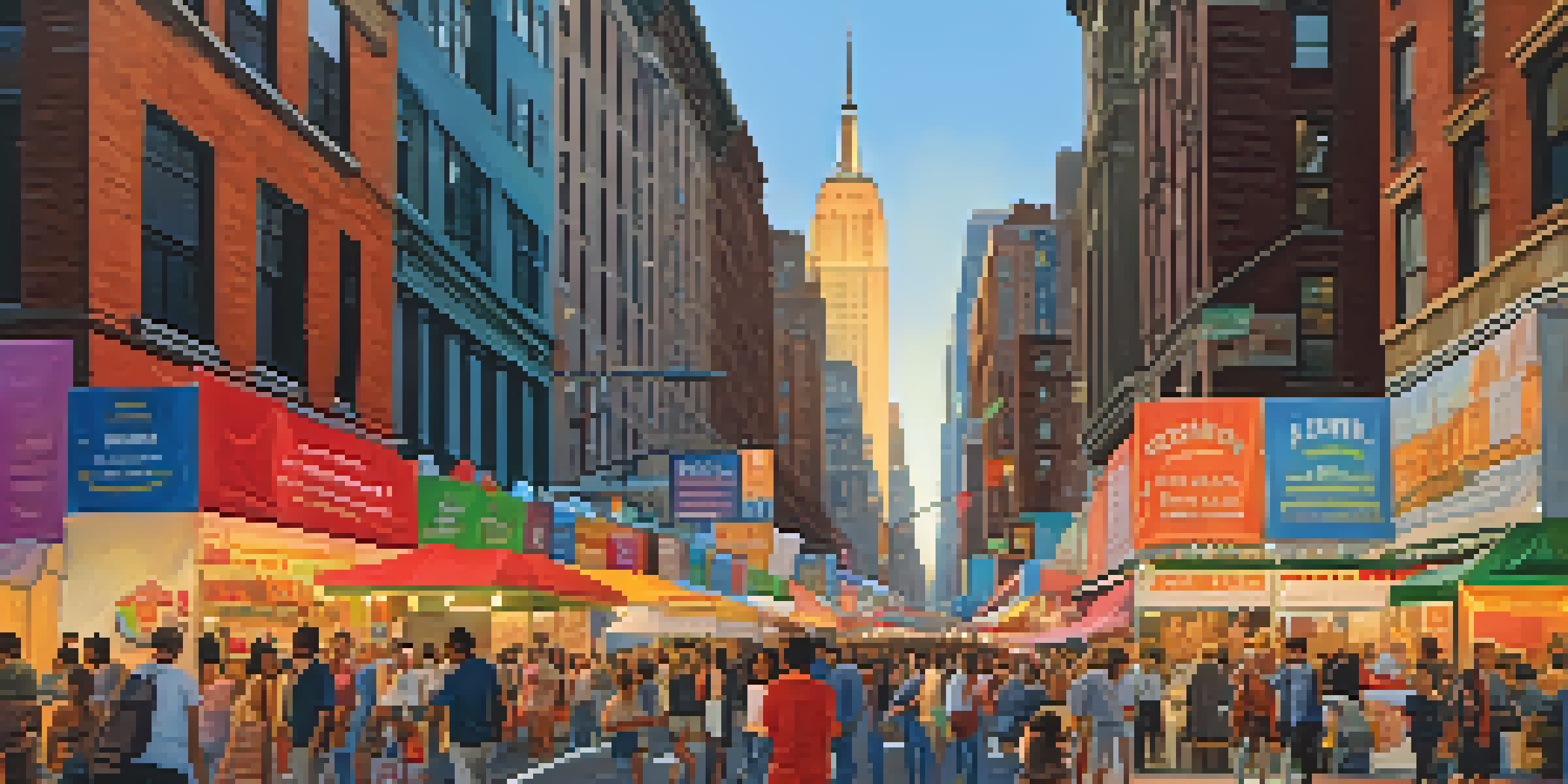 A bustling street filled with people celebrating a cultural festival in New York City, surrounded by colorful decorations and iconic buildings.