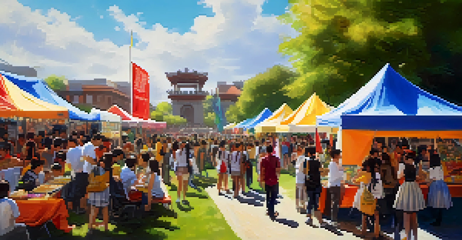 A vibrant university cultural festival with students participating in various activities, enjoying food and performances under bright sunlight.