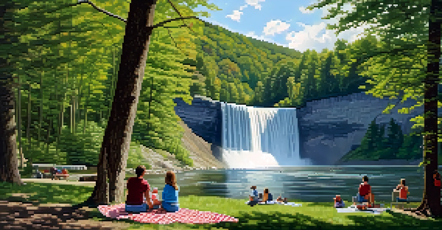 A family enjoying a picnic in a beautiful state park with a waterfall and trees around them.