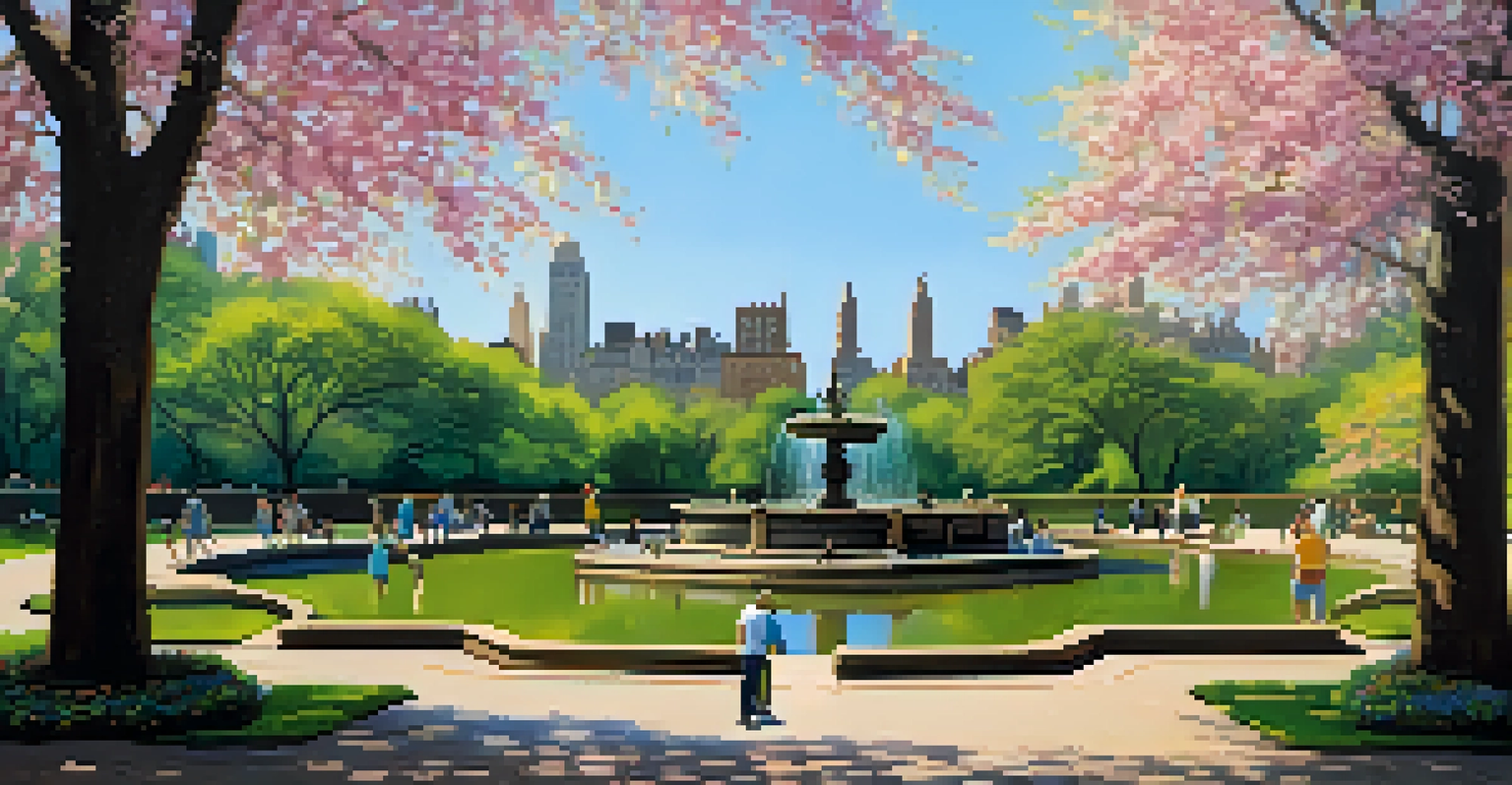A peaceful view of Bethesda Terrace in Central Park with people enjoying the surroundings, blooming flowers, and the New York City skyline in the background.