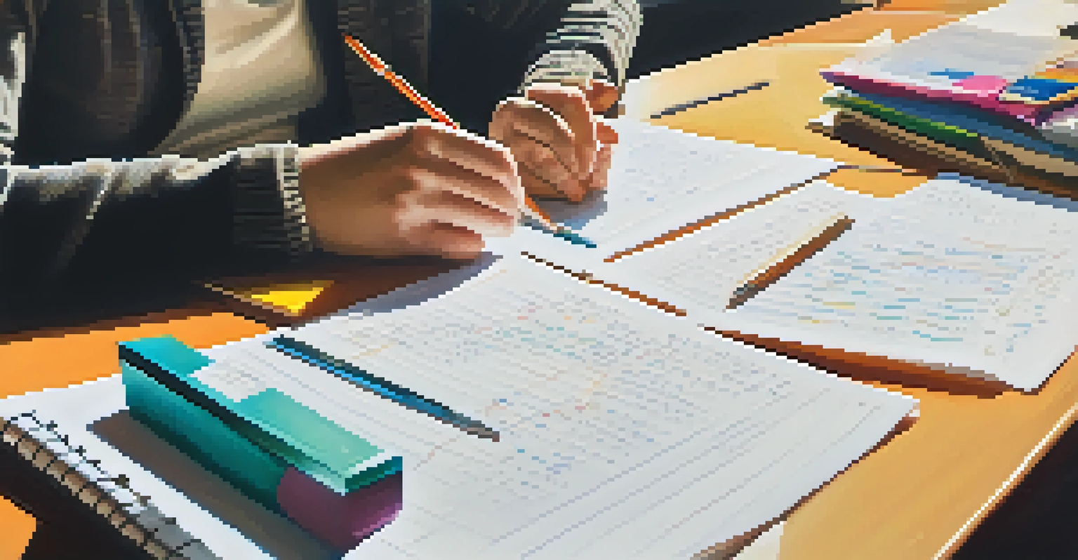A close-up of a teacher grading papers at a desk with colorful stationery and a laptop, showcasing the commitment to education.