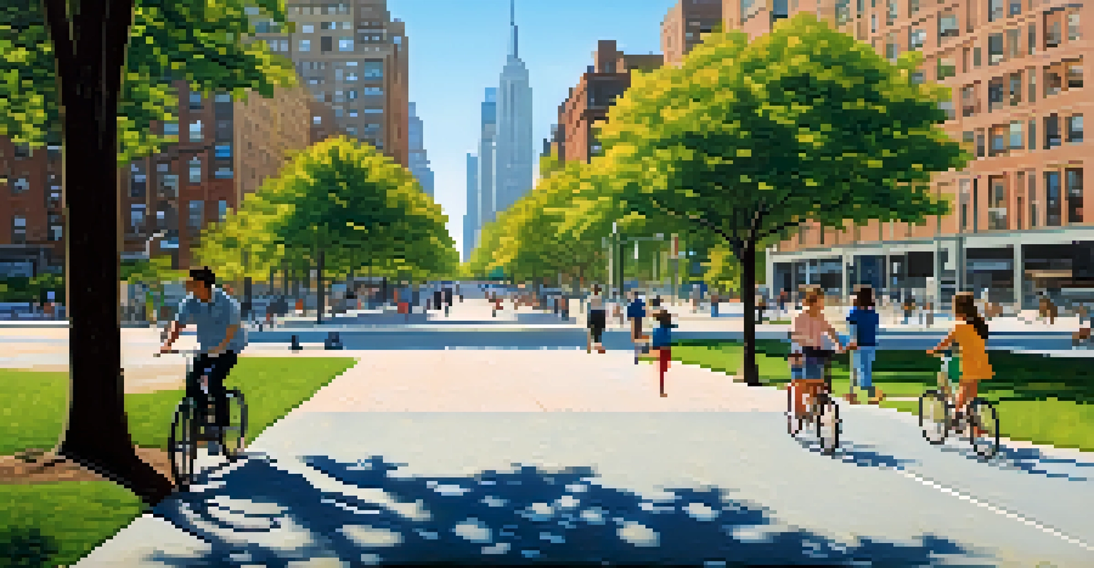 A peaceful park in New York City with families enjoying the day, featuring bike lanes and pedestrians walking along tree-lined paths.