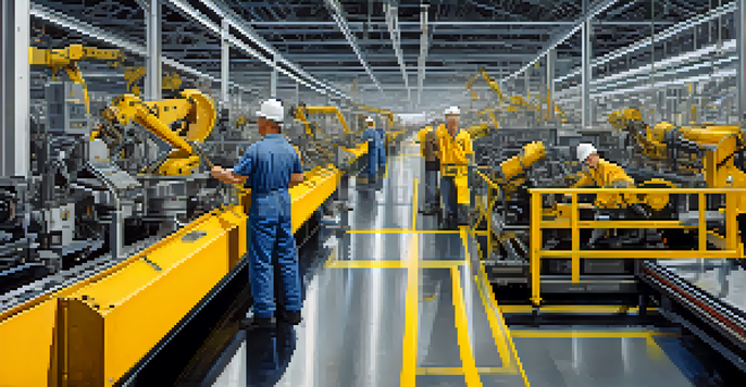 A busy manufacturing facility in New York, featuring workers in safety gear and advanced machinery, highlighting a modern industrial environment.