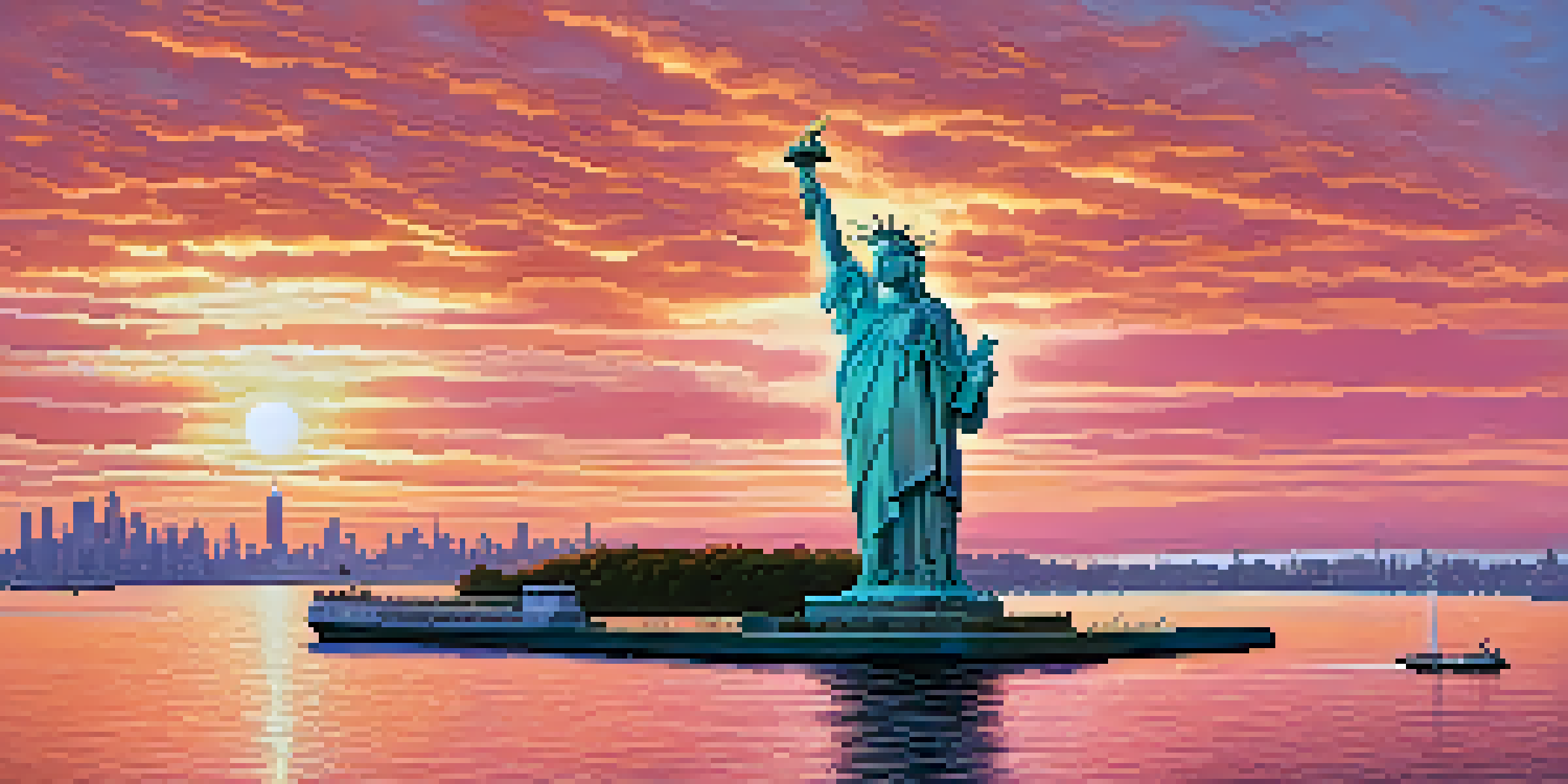 A scenic sunset view of the Statue of Liberty with a ferry in the foreground and a colorful sky.