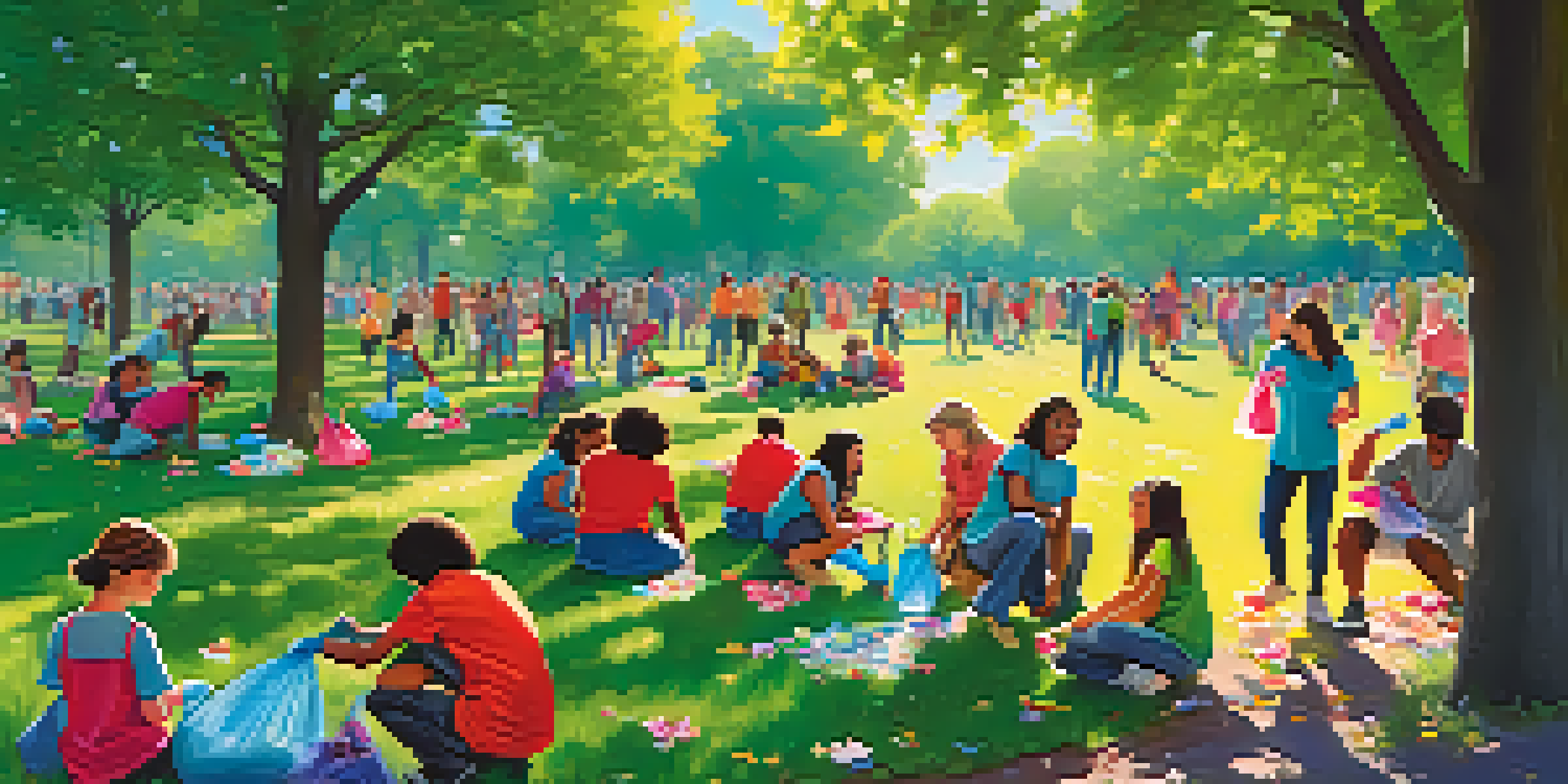 A community clean-up event in a park with people of various ages collecting litter among trees and flowers, all smiling and working together.