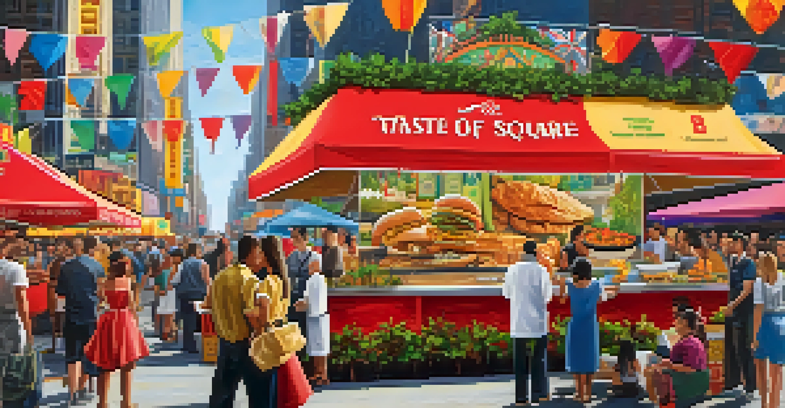 Food vendors at the Taste of Times Square festival showcasing a variety of international dishes, with attendees enjoying the vibrant atmosphere.