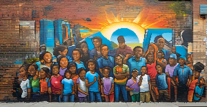 A colorful mural showing diverse people uniting, set in an urban New York backdrop during sunset.