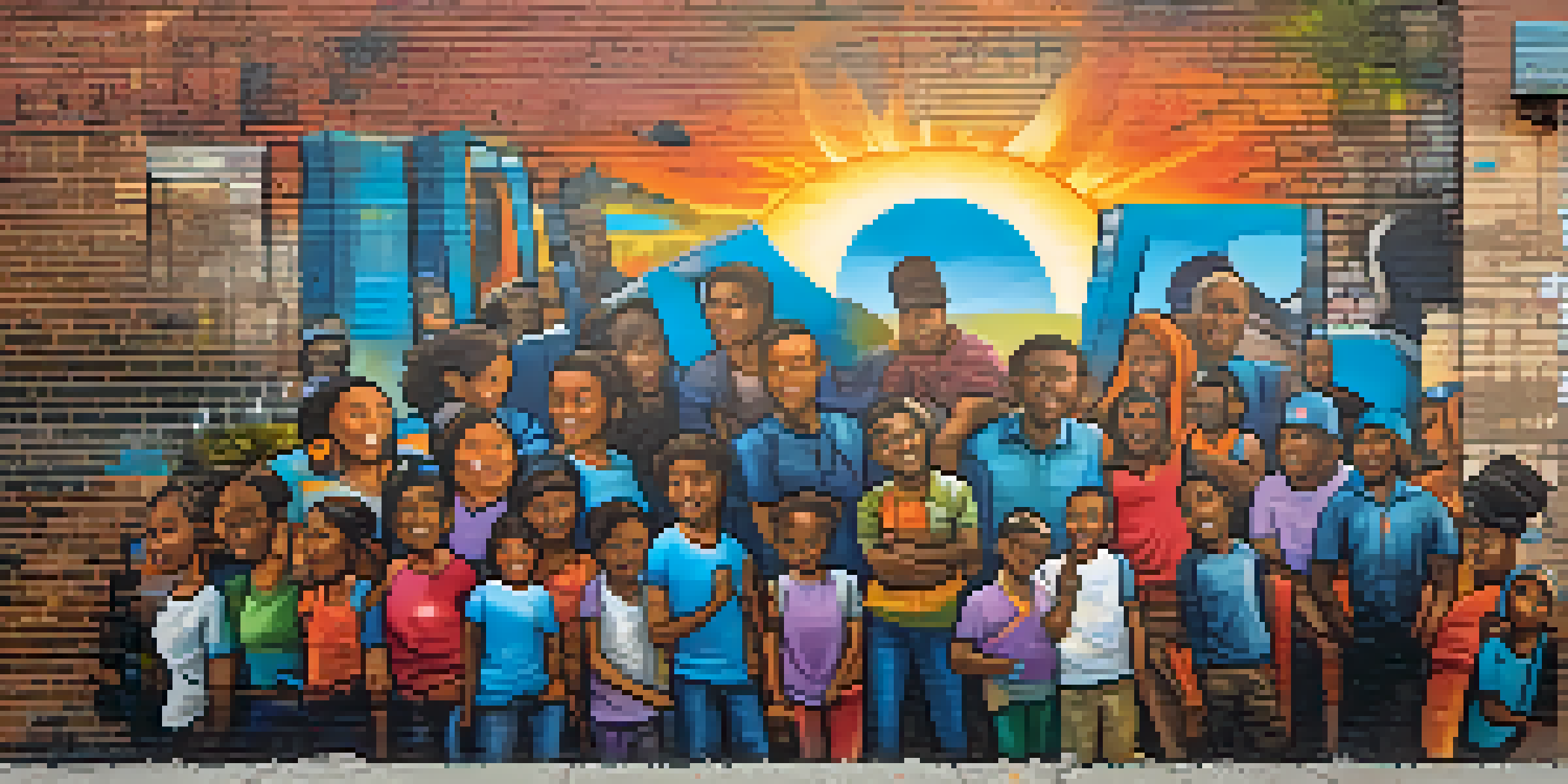 A colorful mural showing diverse people uniting, set in an urban New York backdrop during sunset.