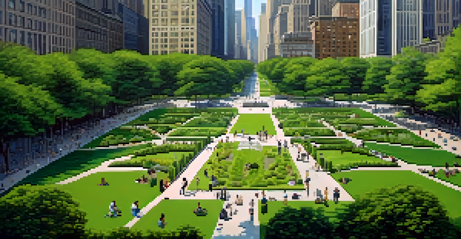 Aerial view of a green park in New York City with people enjoying the space and skyscrapers in the background.