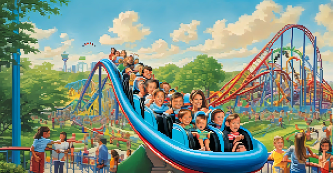 Families having fun at an amusement park with roller coasters and characters, under a clear blue sky.
