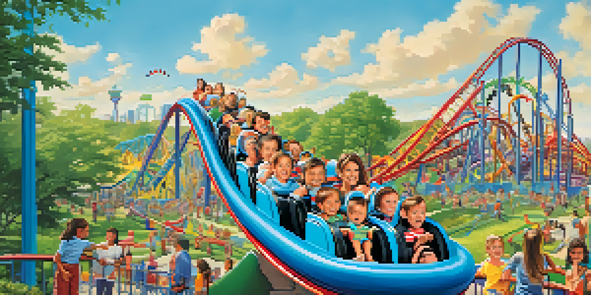 Families having fun at an amusement park with roller coasters and characters, under a clear blue sky.