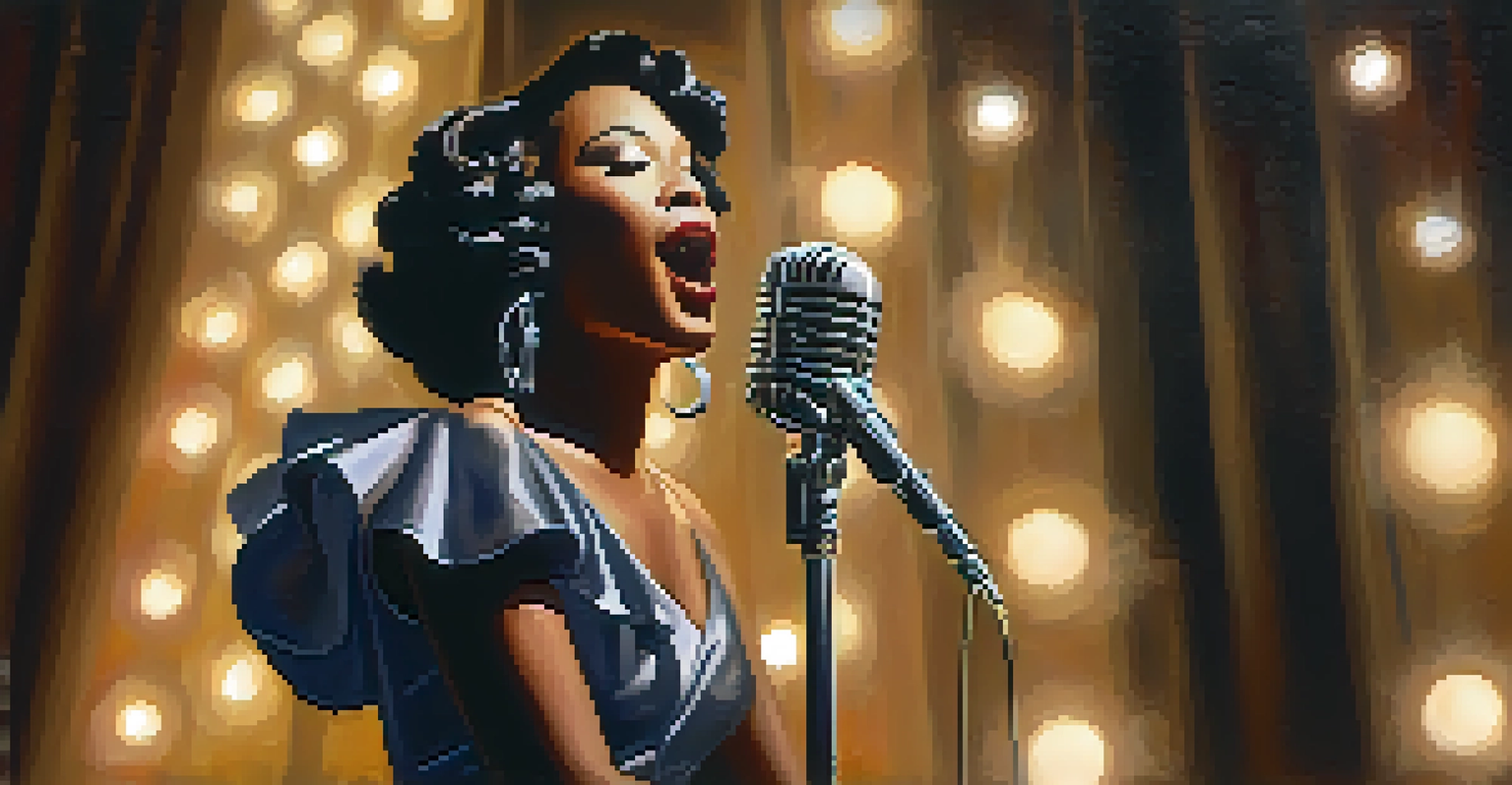 A female jazz singer performing on stage with a vintage microphone, surrounded by soft lighting and hints of an audience.