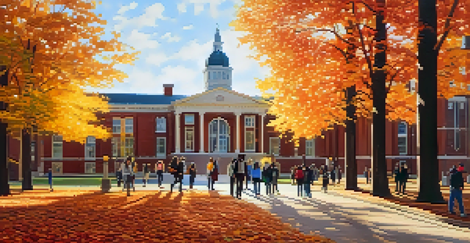 A university campus in autumn with students walking among colorful fall leaves and historic buildings under a golden sunlight.