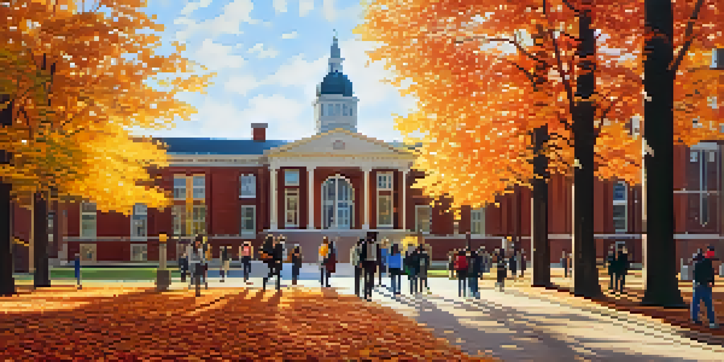 A university campus in autumn with students walking among colorful fall leaves and historic buildings under a golden sunlight.