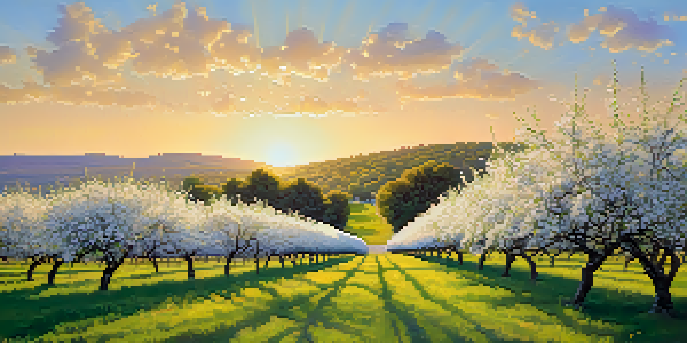 A scenic view of an apple orchard in New York during spring, with blooming trees and sunlight.
