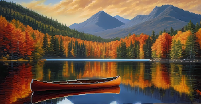 A picturesque autumn scene in the Adirondack Mountains with colorful trees reflecting in a calm lake, and a canoe on the shore.