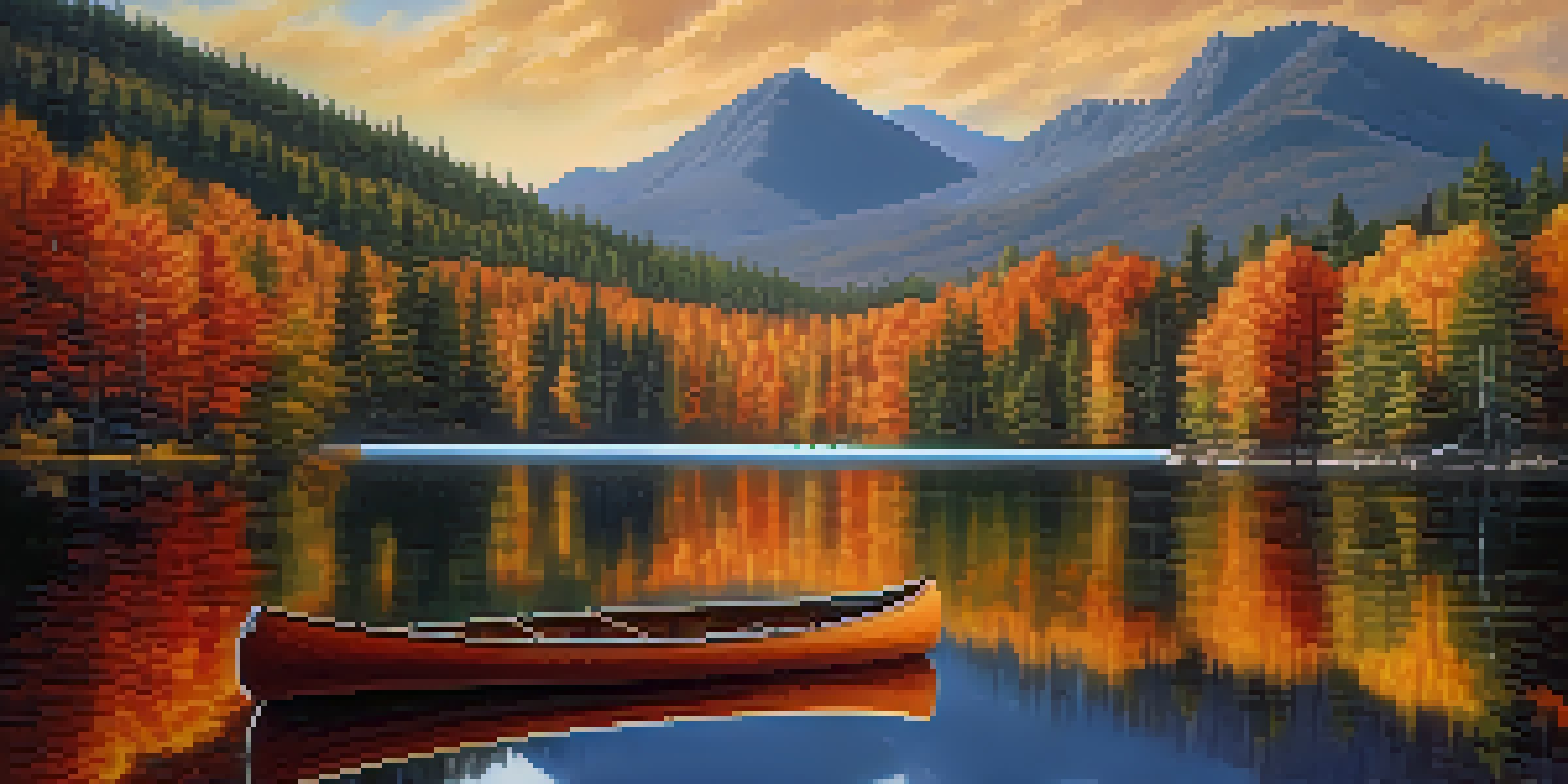 A picturesque autumn scene in the Adirondack Mountains with colorful trees reflecting in a calm lake, and a canoe on the shore.
