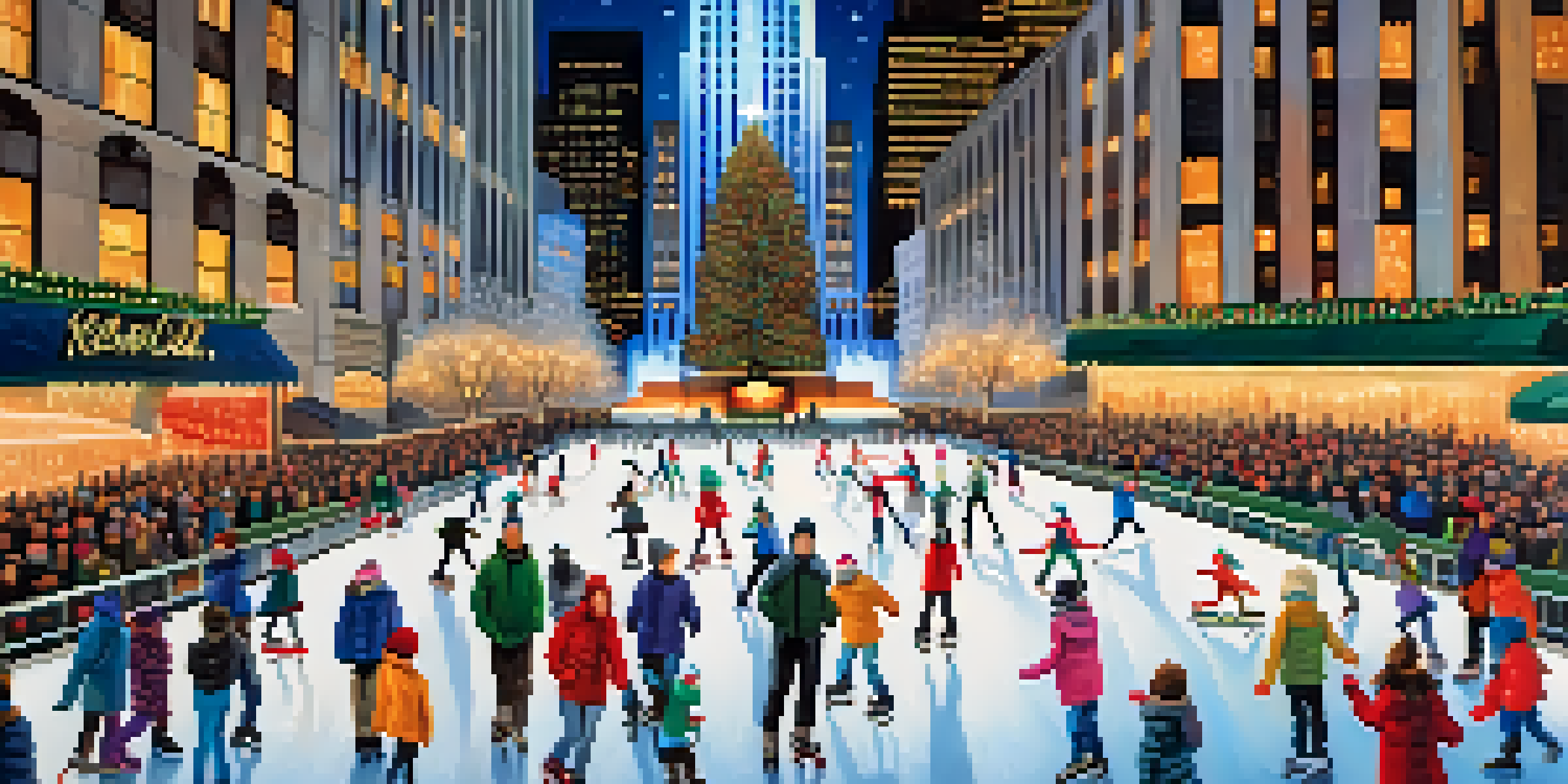 A vibrant winter scene showcasing an ice skating rink at Rockefeller Center, filled with skaters and decorated with festive lights and a large Christmas tree.