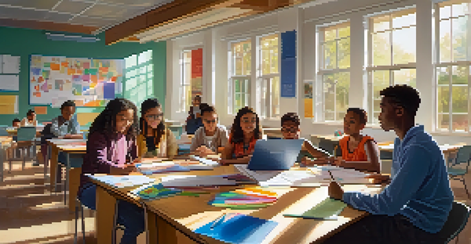 A diverse group of students working together in a bright classroom with educational materials.