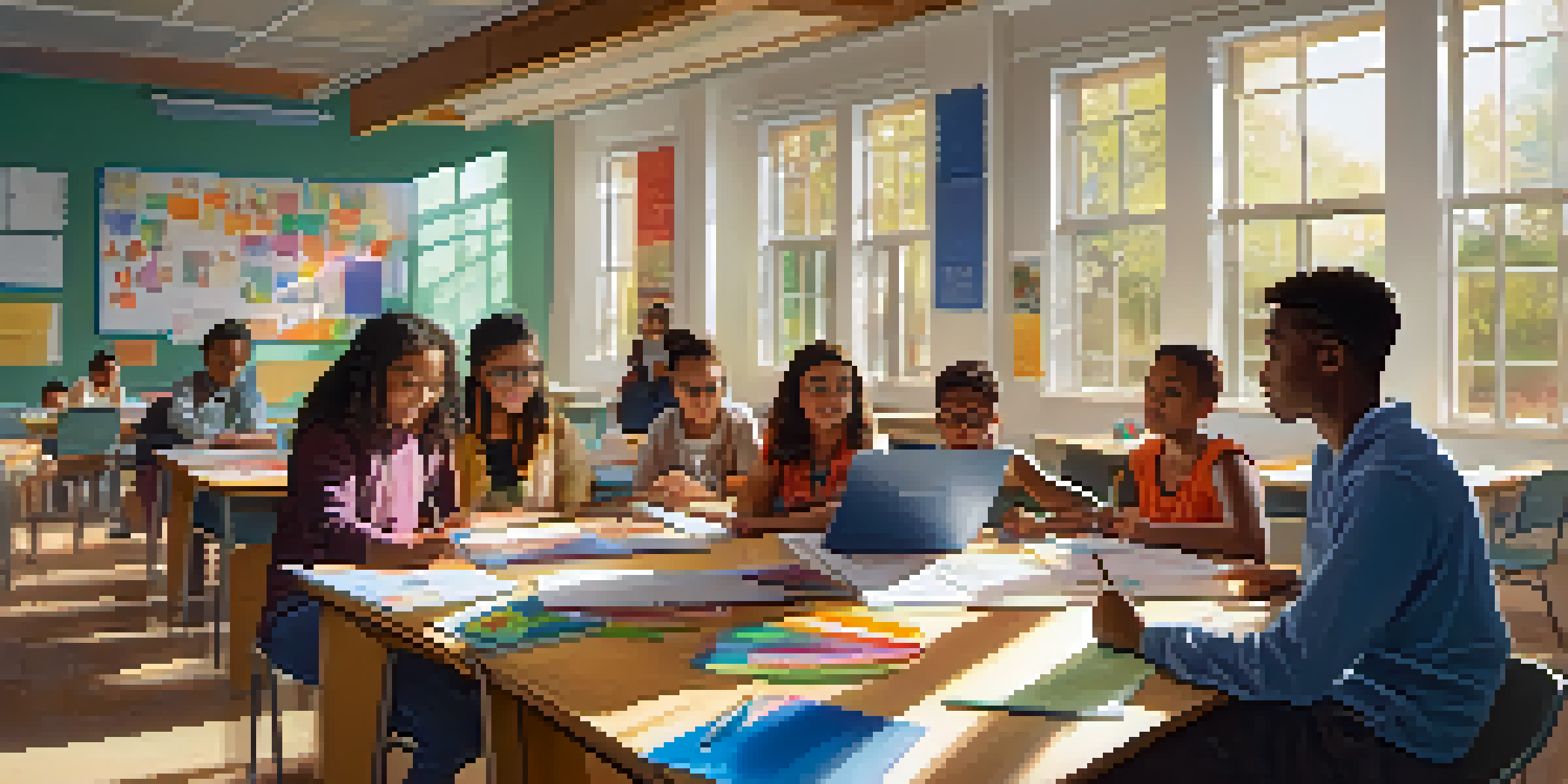 A diverse group of students working together in a bright classroom with educational materials.