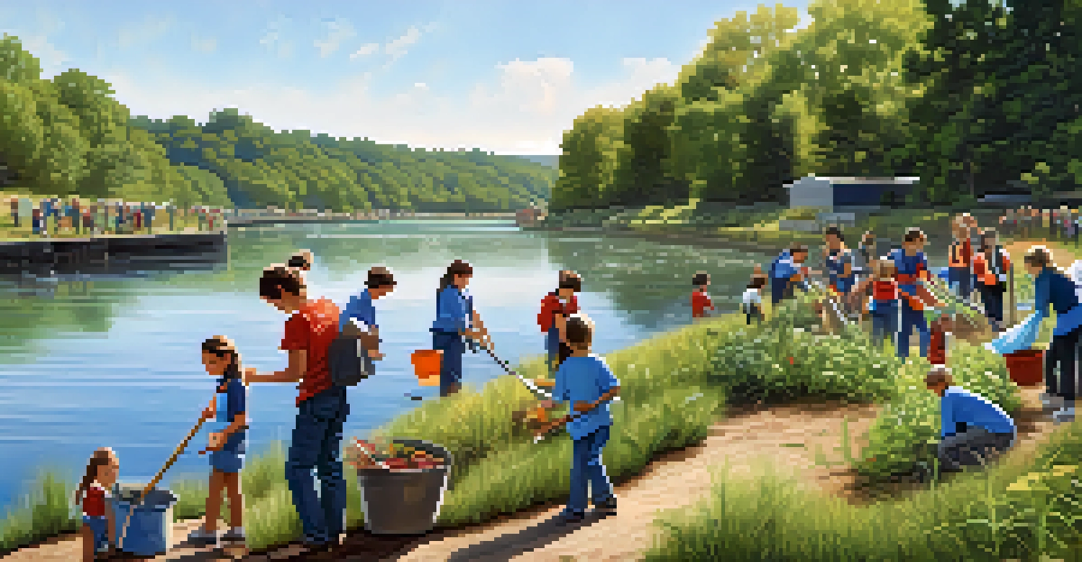 A community clean-up event by a riverbank with volunteers picking up litter and planting native plants under a clear blue sky.